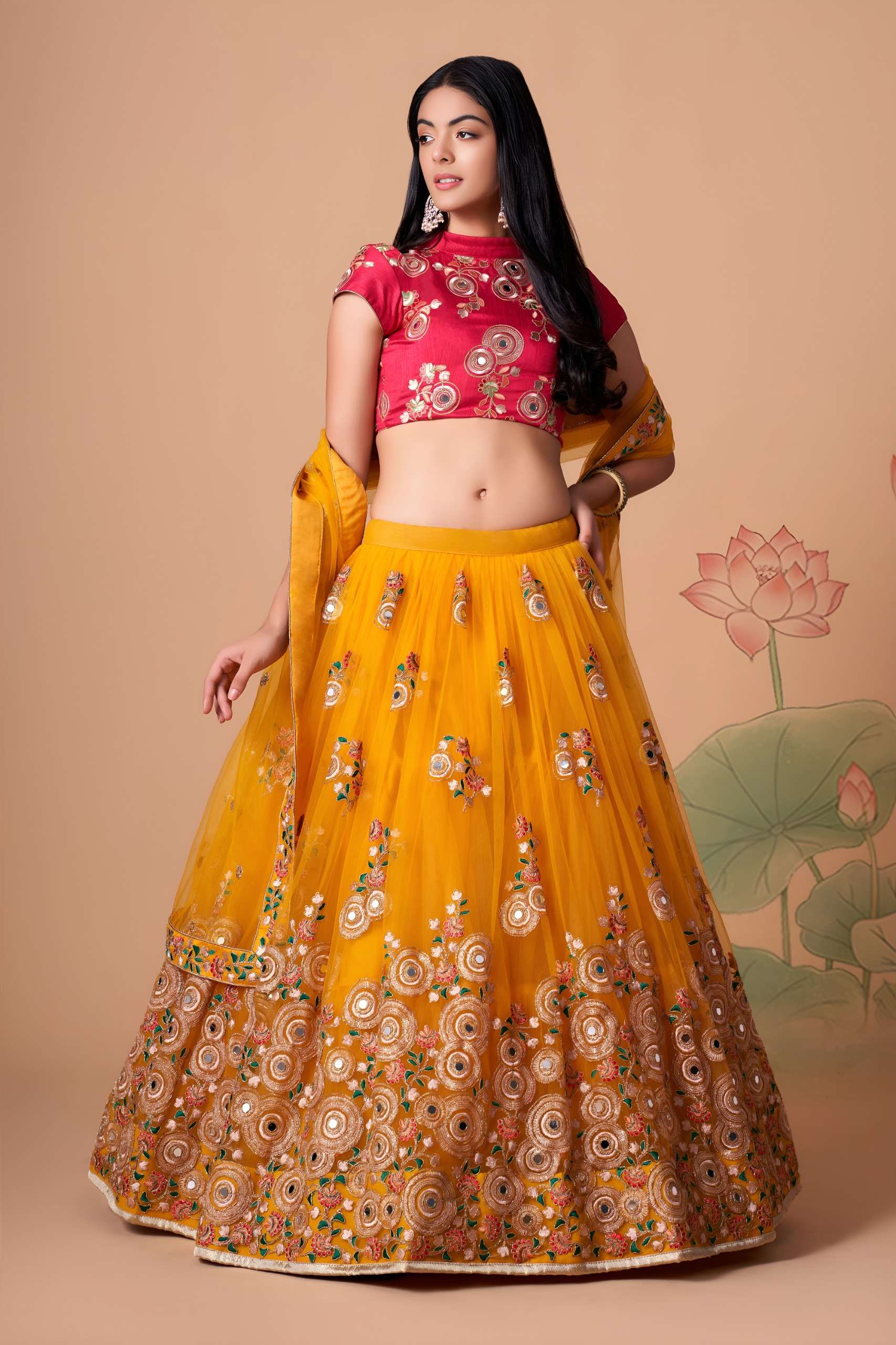 Mustard Yellow & Rani Pink colour fabric with Mirror Work on Lehenga Choli supplier in surat 7324 Yellow